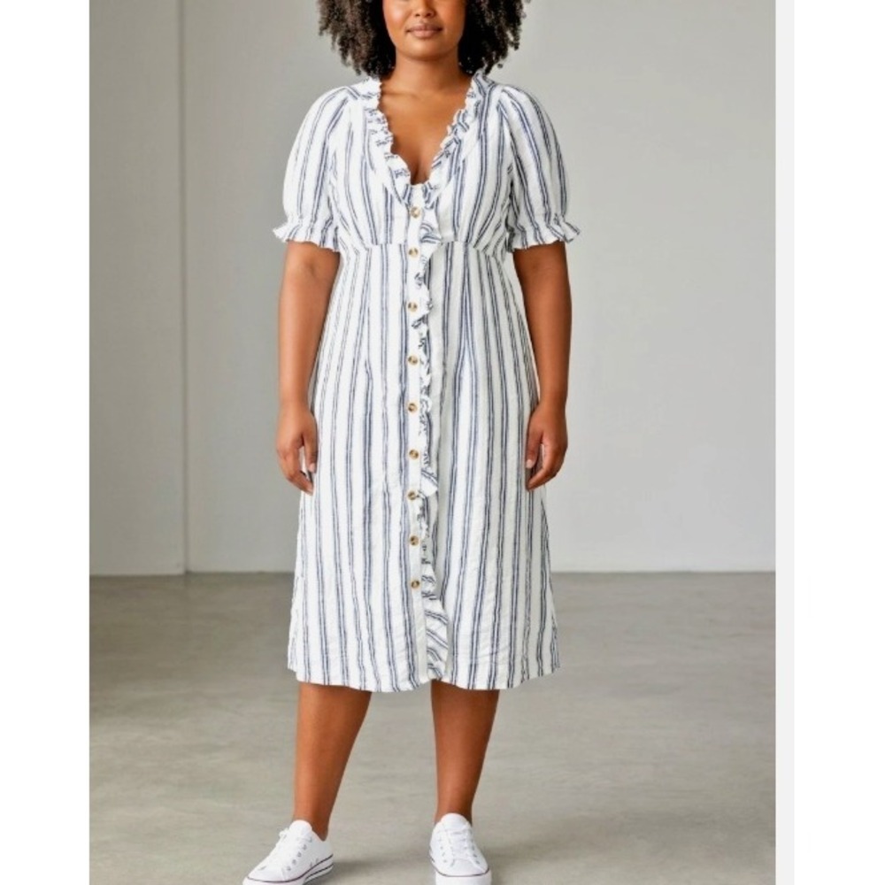 NEW Pilcro Anthropologie Striped Ruffle Button Midi Dress Linen Coastal Size 14